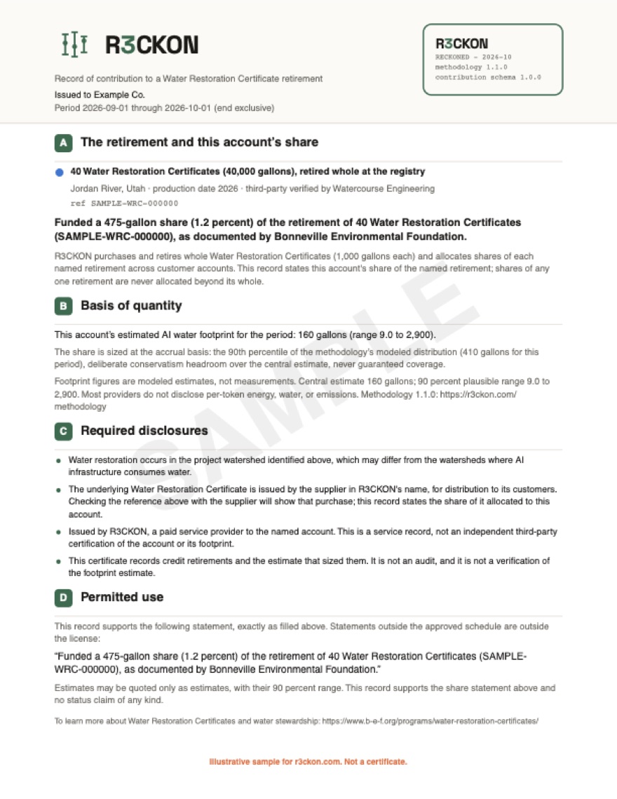 A sample contribution certificate: the pooled retirement it is a share of, the share allocated to this account, the estimate that sized it, and the statements it supports. Watermarked as a sample.